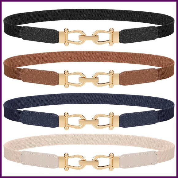 4-Pack Women's Skinny Elastic Belts Gold Buckle Stretchy Waist Belts